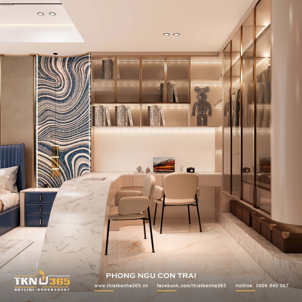Thiết kế nội thất nhà phố 5 tầng sang trọng tại quận 7: Mỗi tầng là một thế giới riêng 18 Góc học tập bố trí gọn gàng, liền kề tủ lưu trữ, tạo môi trường sinh hoạt tiện nghi và tập trung