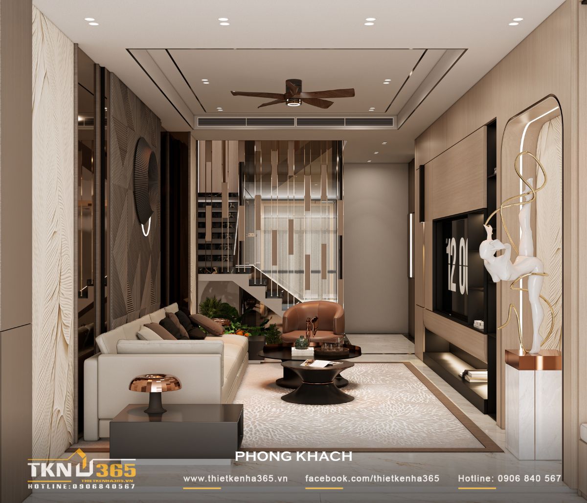 Thiết kế nội thất nhà phố 5 tầng sang trọng tại quận 7: Mỗi tầng là một thế giới riêng 2 Không gian phòng khách mở với bố cục gọn gàng, ánh sáng và lớp vật liệu được xử lý tinh tế