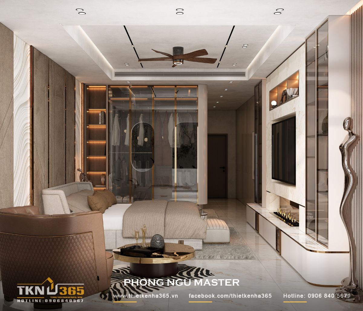 Thiết kế nội thất nhà phố 5 tầng sang trọng tại quận 7: Mỗi tầng là một thế giới riêng 29 Phòng ngủ master tại tầng hai tích hợp đầy đủ khu nghỉ ngơi, thay đồ và bàn trang điểm, đảm bảo sự riêng tư và tiện nghi