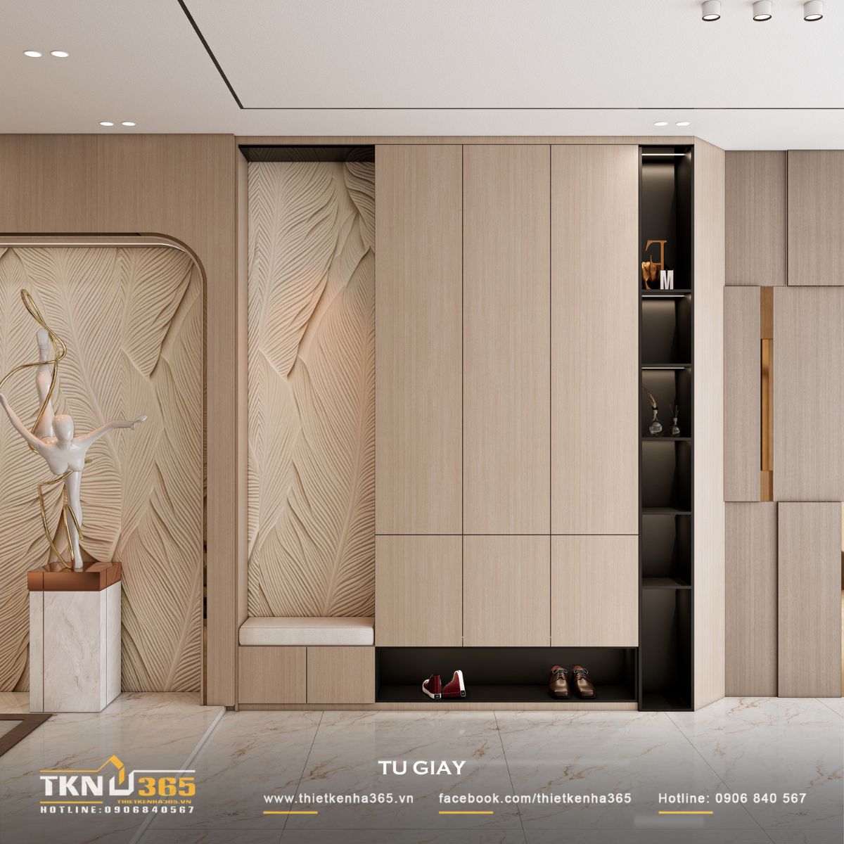 Thiết kế nội thất nhà phố 5 tầng sang trọng tại quận 7: Mỗi tầng là một thế giới riêng 3 Hệ tủ giày âm tường kết hợp ghế ngồi và mảng ốp 3D, vừa tiện dụng vừa tăng chiều sâu thẩm mỹ