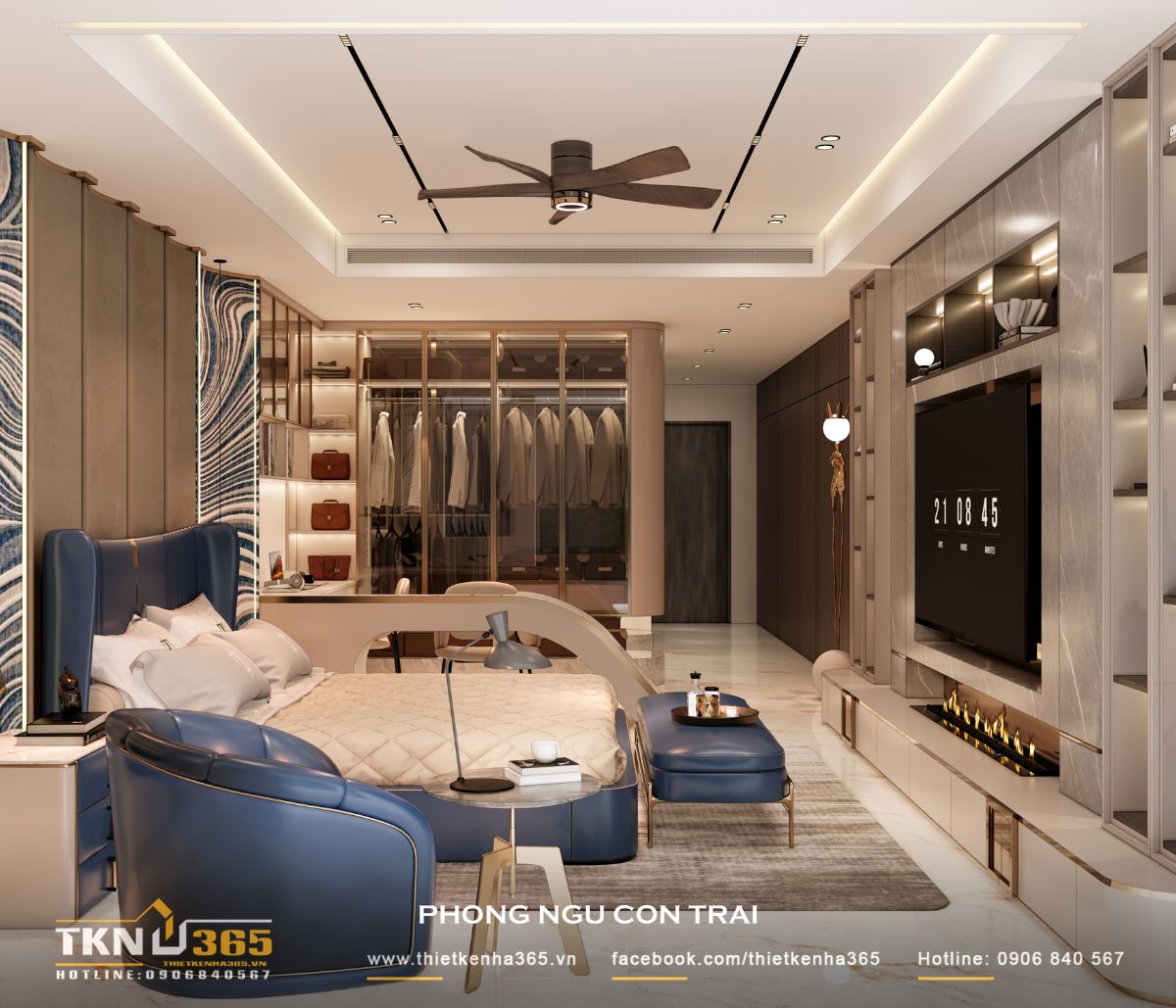Thiết kế nội thất nhà phố 5 tầng sang trọng tại quận 7: Mỗi tầng là một thế giới riêng 30 Không gian phòng ngủ con trai bố trí trọn vẹn với giường ngủ, khu học tập và hệ tủ quần áo, đáp ứng nhu cầu sinh hoạt độc lập theo từng tầng