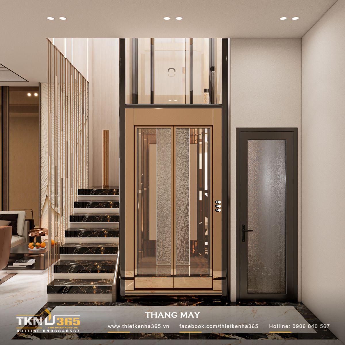 Thiết kế nội thất nhà phố 5 tầng sang trọng tại quận 7: Mỗi tầng là một thế giới riêng 36 Hệ thang máy kính đặt cạnh cầu thang bằng đá marble vân vàng tạo nên trục giao thông trung tâm vừa tiện nghi vừa giàu tính thẩm mỹ