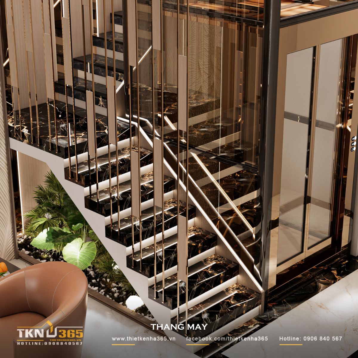 Thiết kế nội thất nhà phố 5 tầng sang trọng tại quận 7: Mỗi tầng là một thế giới riêng 38 Cầu thang và thang máy vận hành như một “trục xương sống”, kết nối xuyên suốt các tầng và định hình nhịp chuyển động cho toàn bộ công trình