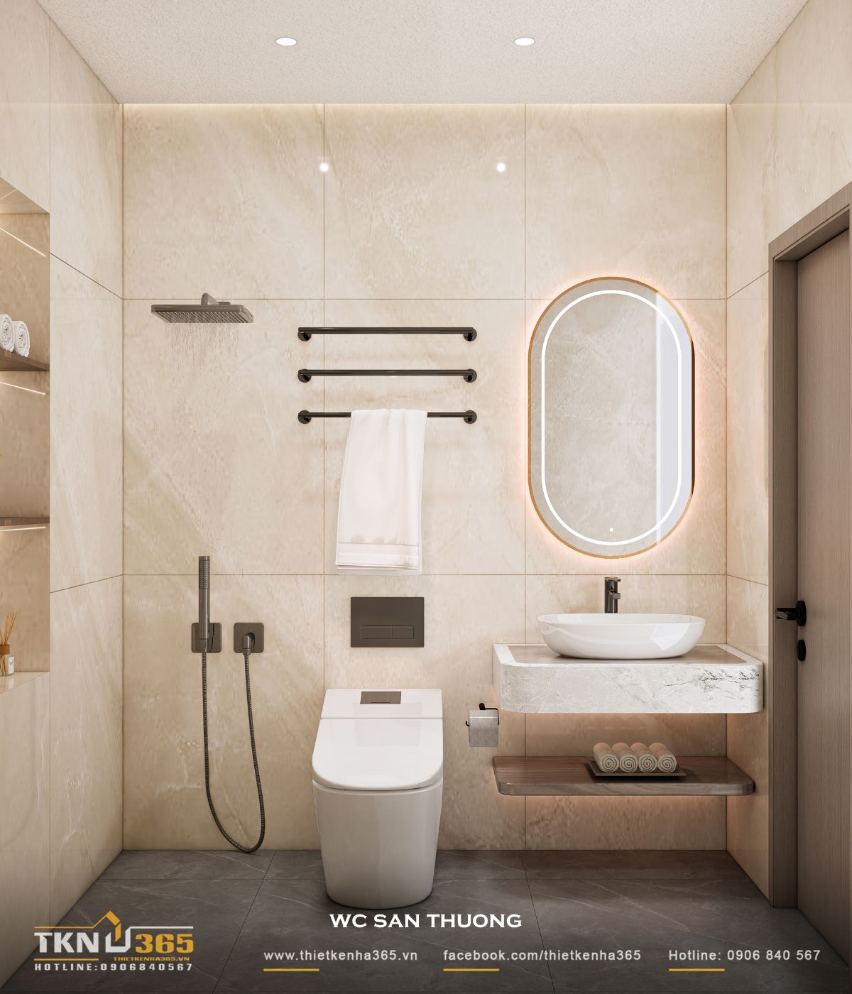 Thiết kế nội thất nhà phố 5 tầng sang trọng tại quận 7: Mỗi tầng là một thế giới riêng 39 Phòng tắm sân thượng thiết kế gọn gàng với bảng màu be - kem đồng nhất