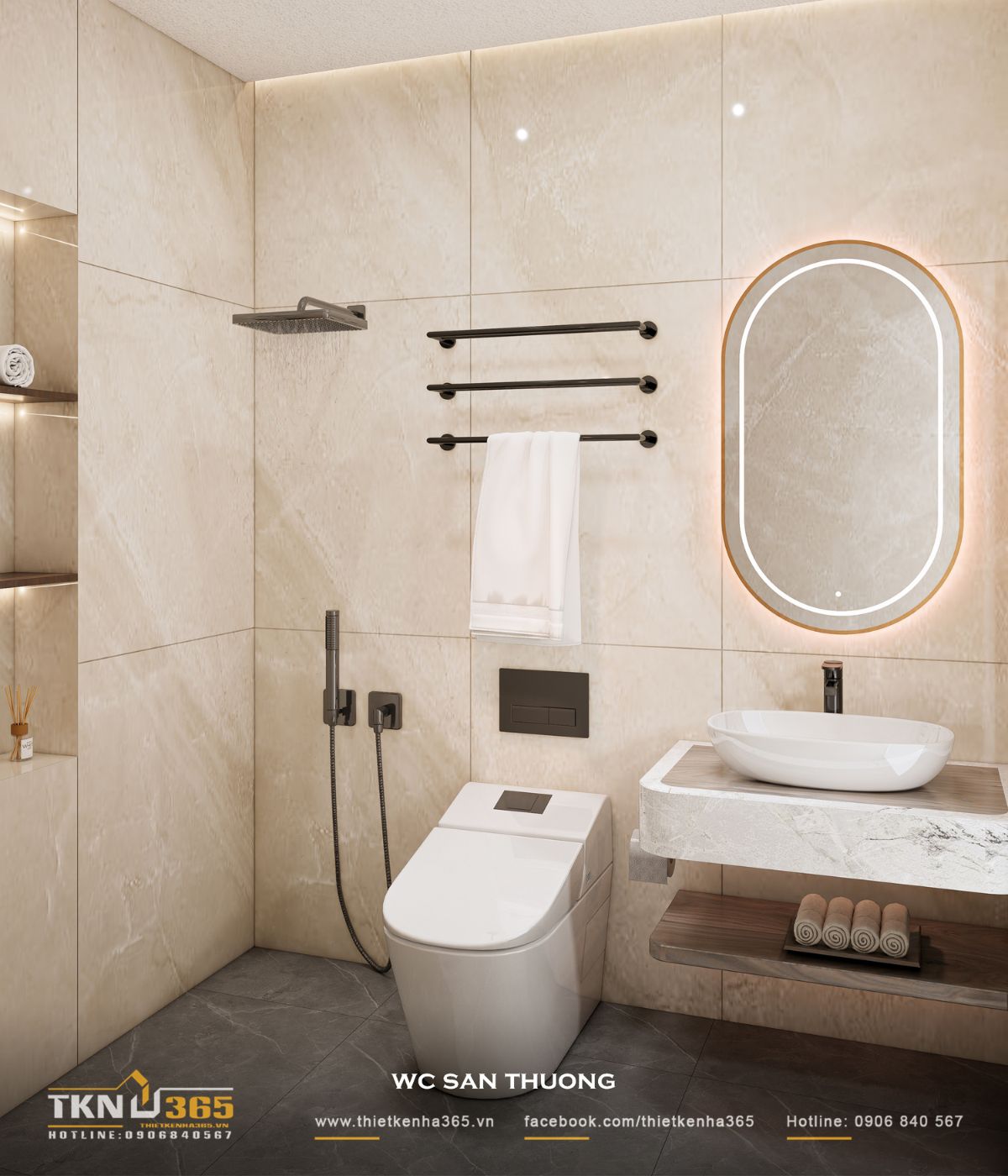 Thiết kế nội thất nhà phố 5 tầng sang trọng tại quận 7: Mỗi tầng là một thế giới riêng 40 Phòng tắm sử dụng lavabo treo, gương LED bo cong và hệ kệ gỗ bên dưới, đảm bảo công năng cơ bản nhưng vẫn giữ sự nhẹ nhàng, tinh gọn cho không gian