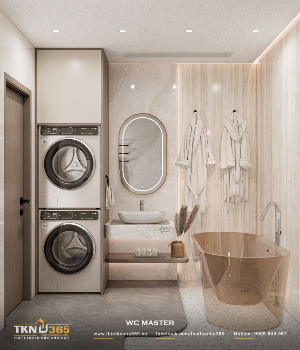 Thiết kế nội thất nhà phố 5 tầng sang trọng tại quận 7: Mỗi tầng là một thế giới riêng 41 Không gian WC master tích hợp bồn tắm và hệ tủ giặt sấy, vừa tăng tiện nghi vừa giữ được sự liền mạch trong ngôn ngữ vật liệu
