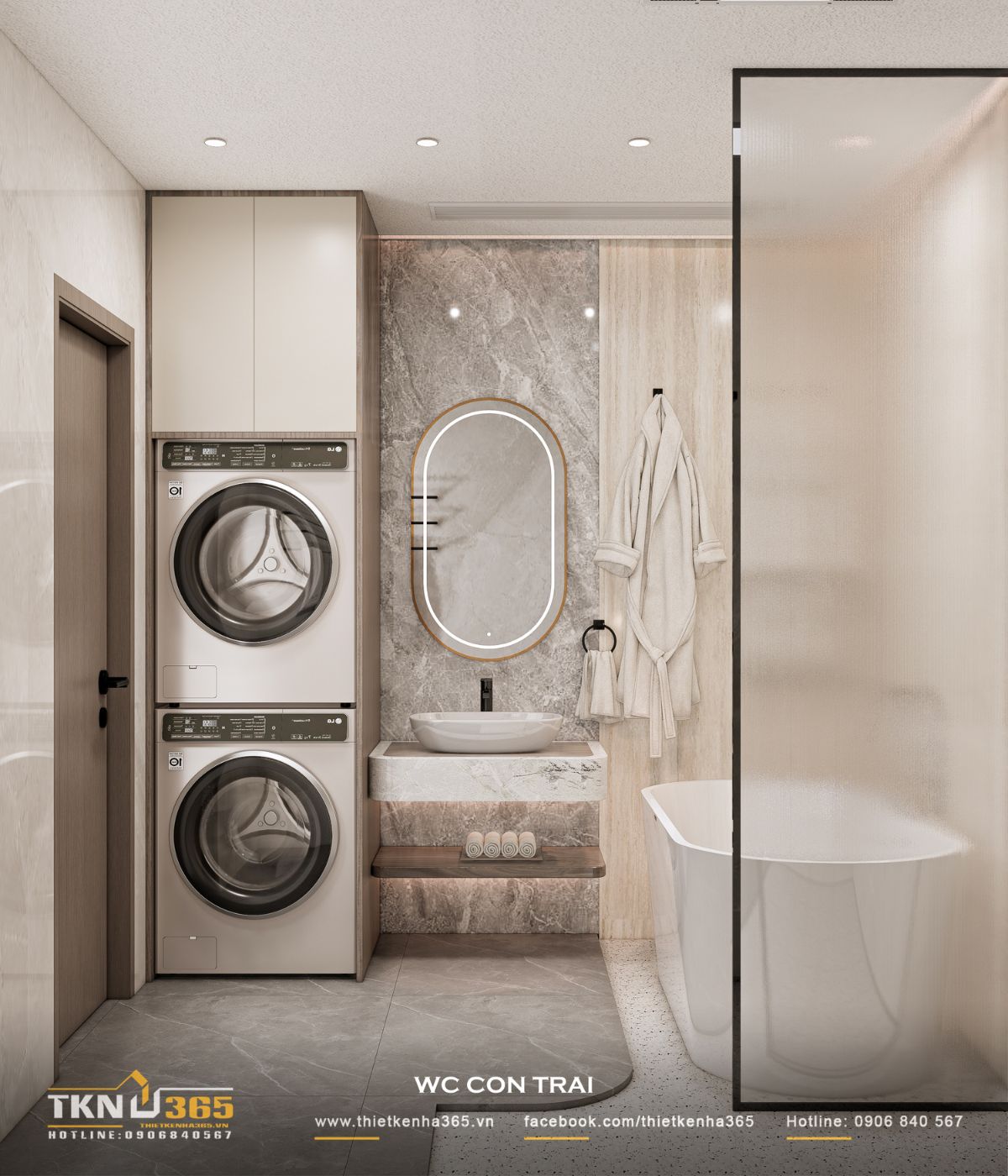 Thiết kế nội thất nhà phố 5 tầng sang trọng tại quận 7: Mỗi tầng là một thế giới riêng 42 Khu vực phòng tắm của con tổ chức khoa học với lavabo treo, gương LED và hệ lưu trữ tối giản, phù hợp nhịp sinh hoạt hàng ngày