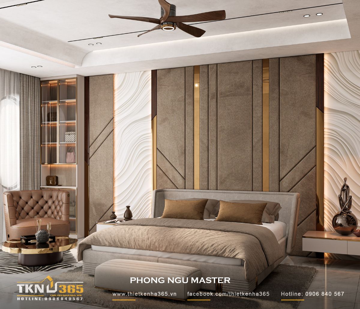 Thiết kế nội thất nhà phố 5 tầng sang trọng tại quận 7: Mỗi tầng là một thế giới riêng 8 Phòng ngủ master sử dụng bảng màu trung tính ấm, kết hợp mảng ốp đầu giường và chi tiết kim loại tạo cảm giác sang trọng, thư thái