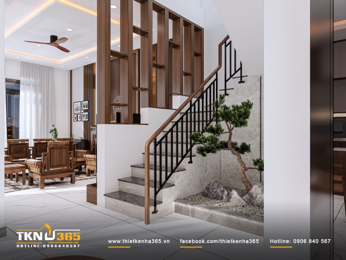 Gia chủ có thể sử dụng lam gỗ hoặc vách ngăn thay cho tường đặc để phân chia cầu thang và khu vực sinh hoạt chính