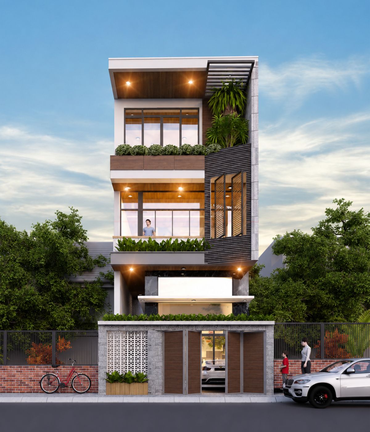 45+ Mẫu Nhà 1 Trệt 1 Lửng 2 Lầu Đẹp, Hiện Đại Và Tối Ưu Công Năng 5 Mẫu nhà 3 tầng có gác lửng bố trí gara ô tô ở tầng trệt để sử dụng thuận tiện (Ảnh: Sưu tầm)