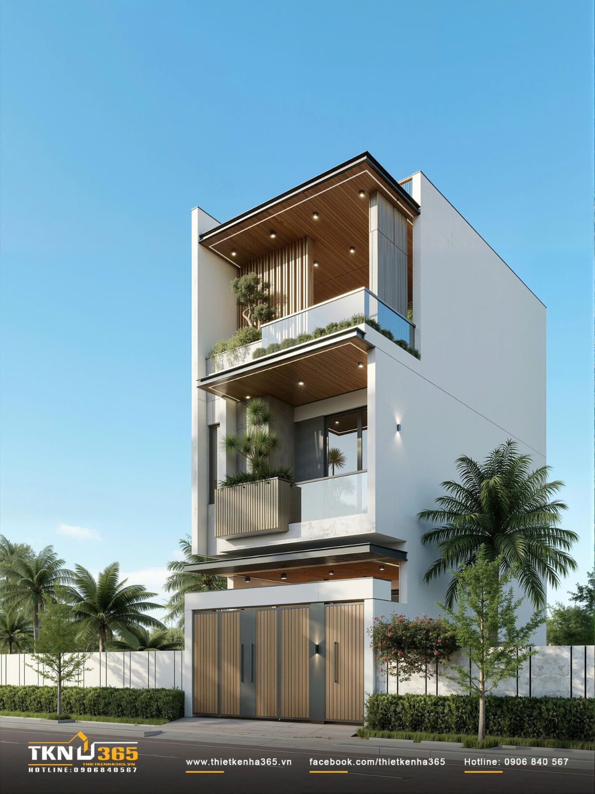 Nhà phố 3 tầng mang theo cảm giác thân thuộc trong từng lớp không gian đầy hơi thở thiên nhiên 2 Thiết kế nhà phố 3 tầng cho thấy rõ cách vật liệu gỗ, lam đứng và cây xanh được sử dụng để làm mềm đường nét kiến trúc hiện đại