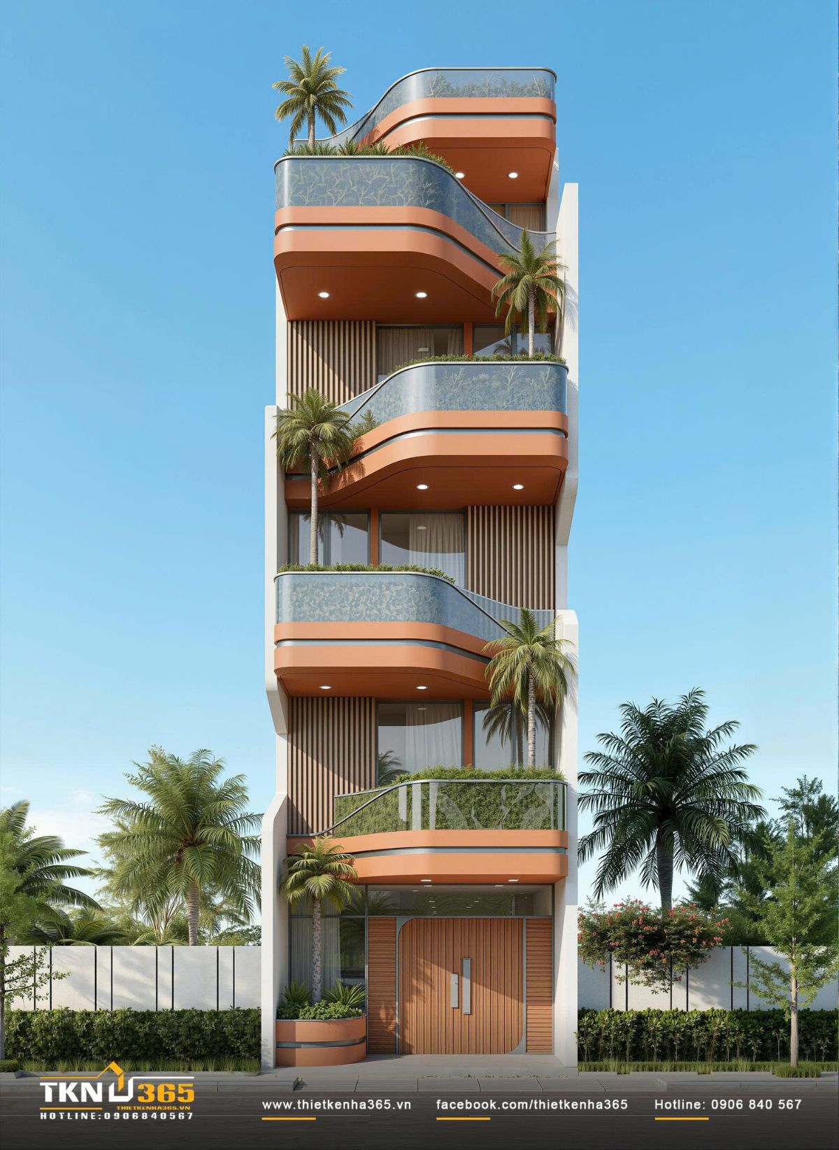 Mặt tiền bo cong liên tục giúp nhà phố 6 tầng 6x15m trở nên mềm mại, đồng thời tạo hiệu ứng chuyển động thị giác rõ nét trên toàn bộ chiều cao công trình
