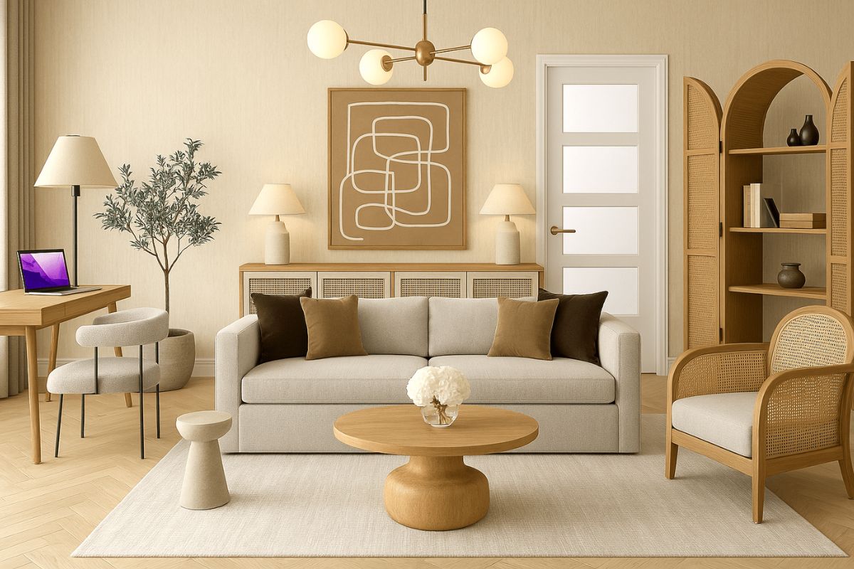 Phong Cách Japandi Là Gì? Đặc Trưng, Cách Thiết Kế & Ứng Dụng Trong Nội Thất 8 Phòng khách phong cách Japandi tạo cảm giác thư giãn nhờ nội thất tối giản, bảng màu trung tính và sự kết hợp hài hòa giữa ánh sáng tự nhiên với vật liệu mộc (Ảnh: Sưu tầm)