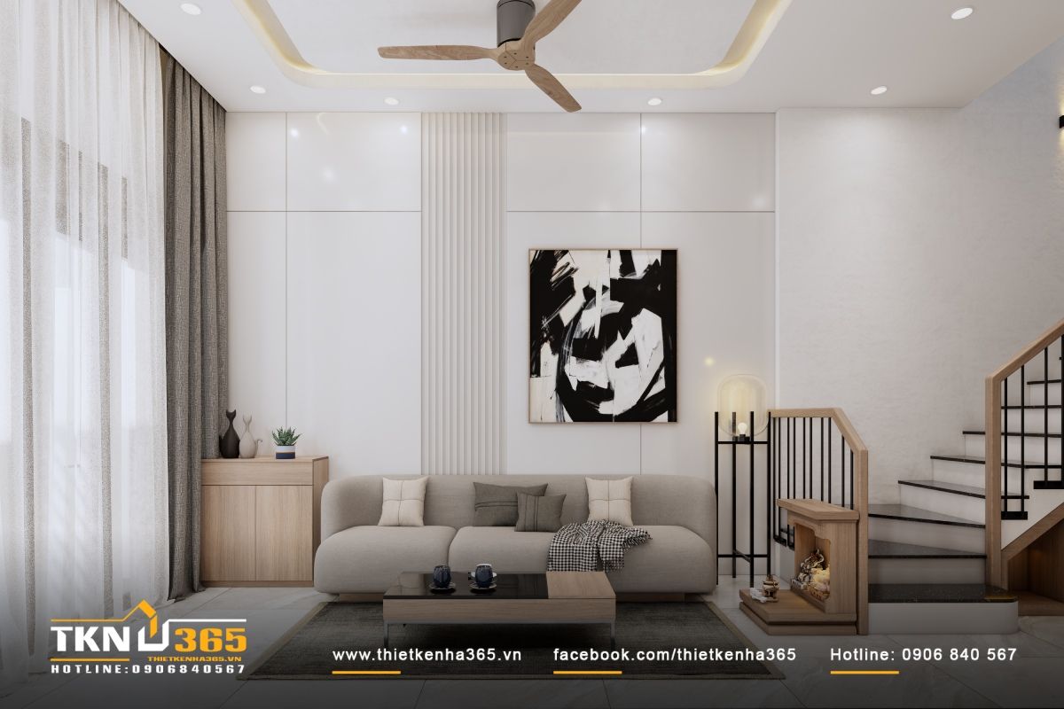 Mẫu nhà 1 trệt 2 lầu 3x12m ưu tiên sử dụng bảng màu trung tính, giúp nhà nhỏ luôn thoáng sáng