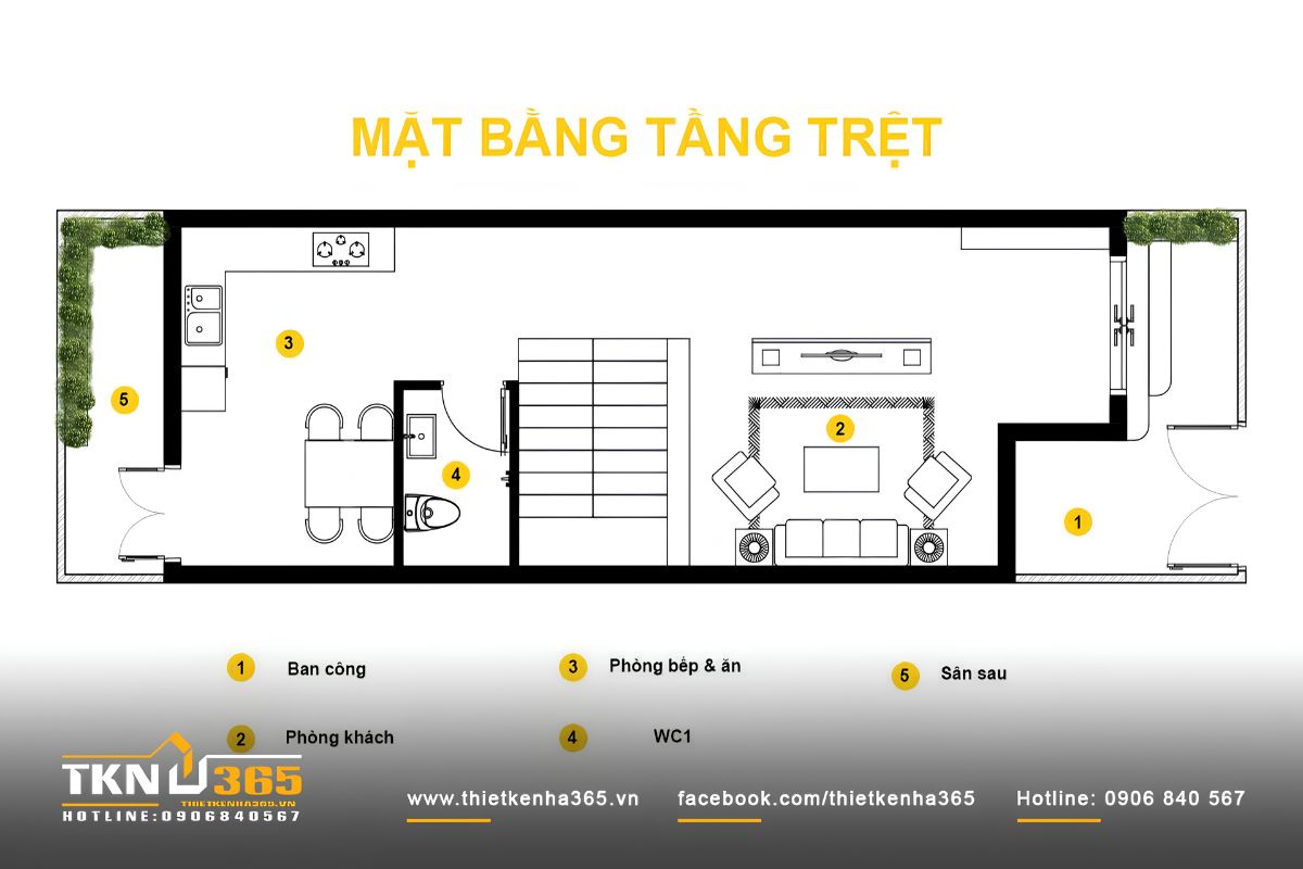 Bản vẽ nhà 4x12 với không gian sinh hoạt chung bố trí linh hoạt ở tầng trệt