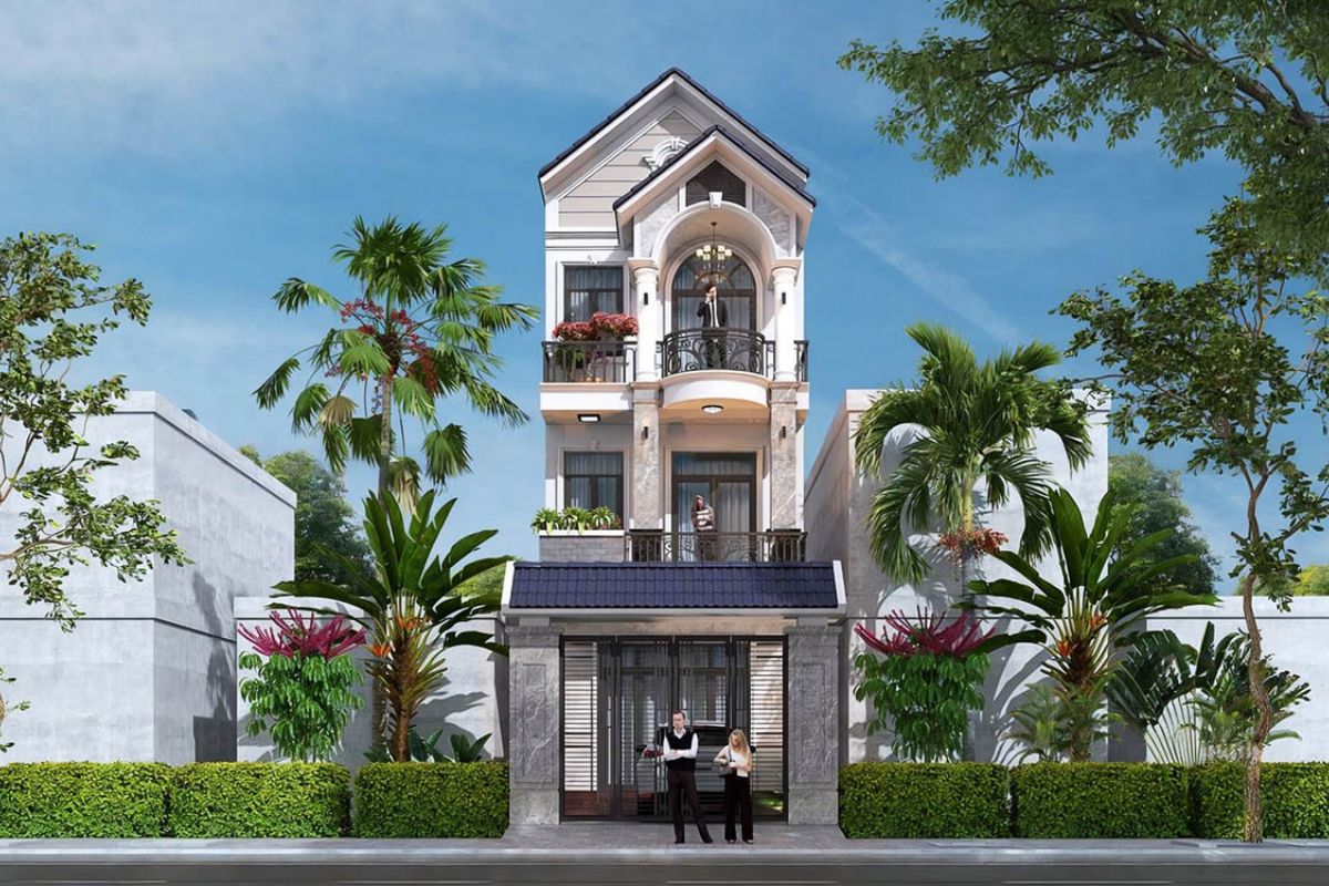 35+ Mẫu Nhà 1 Trệt 2 Lầu 4x12 Đẹp, Hiện Đại Và Tối Ưu Công Năng 2026 7 Nhà ngang 4m dài 12m 3 tầng mái Thái phù hợp với khí hậu nóng ẩm mưa nhiều tại Việt Nam (Ảnh: Sưu tầm)