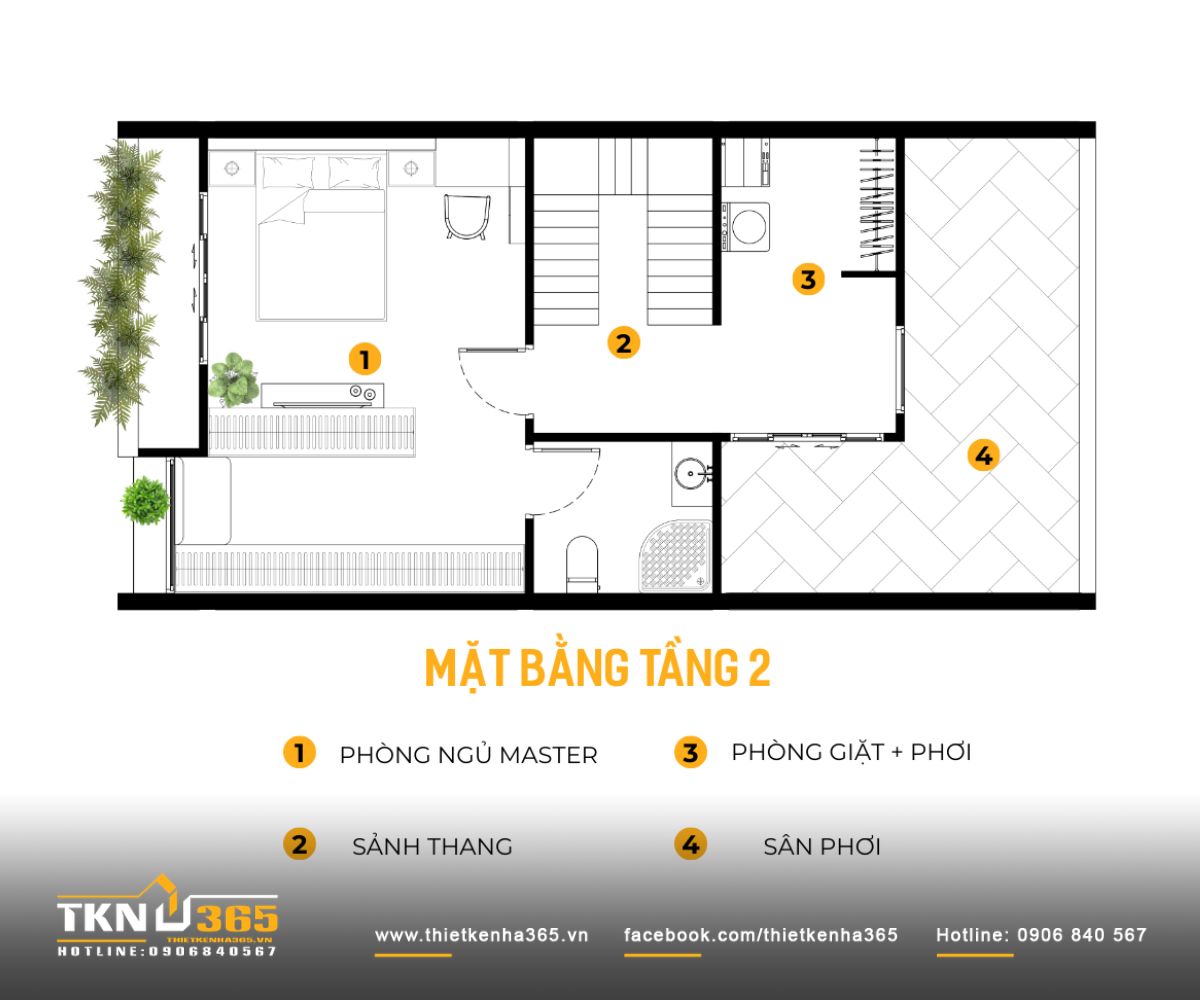 Nhà phố 3 tầng 5x12m tạo điểm nhấn bằng ô tròn lấy sáng và hệ lam đứng thanh thoát 7 Mặt bằng tầng trên cùng của nhà phố 3 tầng 5x12m dành ưu tiên cho phòng ngủ master rộng rãi, kết hợp khu giặt phơi và sân phơi bố trí về phía sau