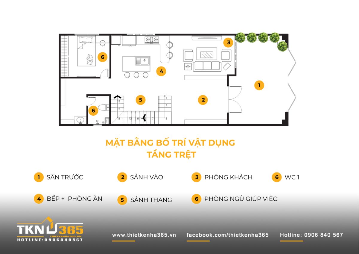Tầng trệt nhà phố 5 tầng ưu tiên kết nối với phòng khách liên thông bếp ăn, sân trước và phòng ngủ giúp việc bố trí gọn phía sau