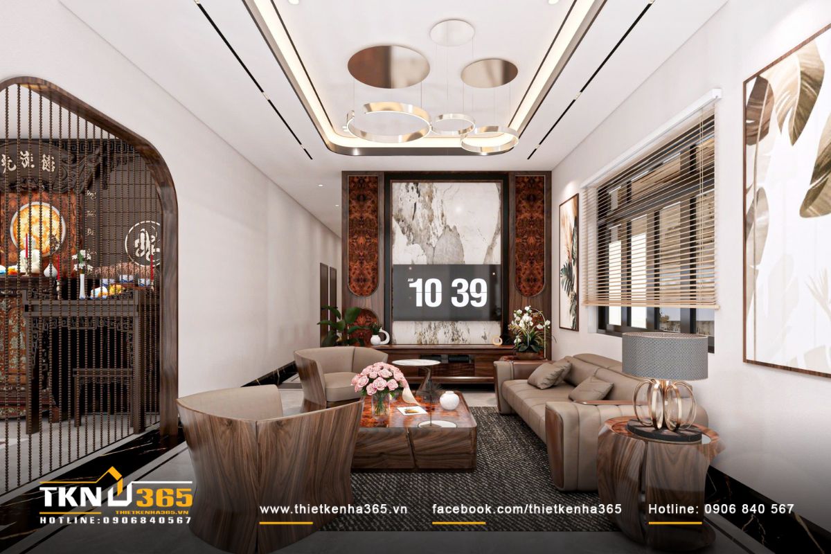 Thiết kế nội thất biệt thự vườn 1 tầng mái Thái ưu tiên sự gắn kết giữa các thế hệ 1 Không gian phòng khách sử dụng bảng màu trắng kem kết hợp gỗ óc chó, tạo cảm giác sang trọng nhưng vẫn gần gũi cho sinh hoạt gia đình