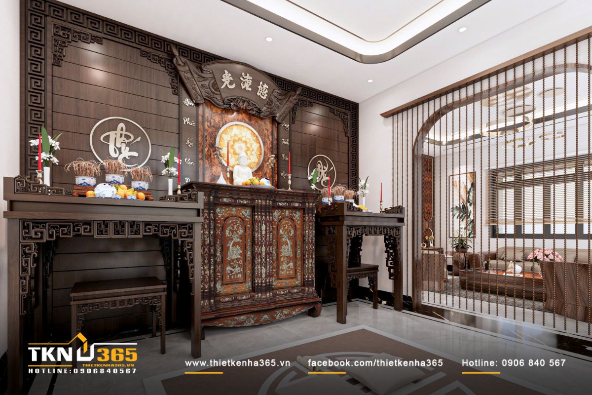 Thiết kế nội thất biệt thự vườn 1 tầng mái Thái ưu tiên sự gắn kết giữa các thế hệ 10 Rèm hạt gỗ thay cho vách ngăn kín giúp khu vực phòng thờ vẫn tách biệt vừa đủ nhưng không tạo cảm giác nặng nề