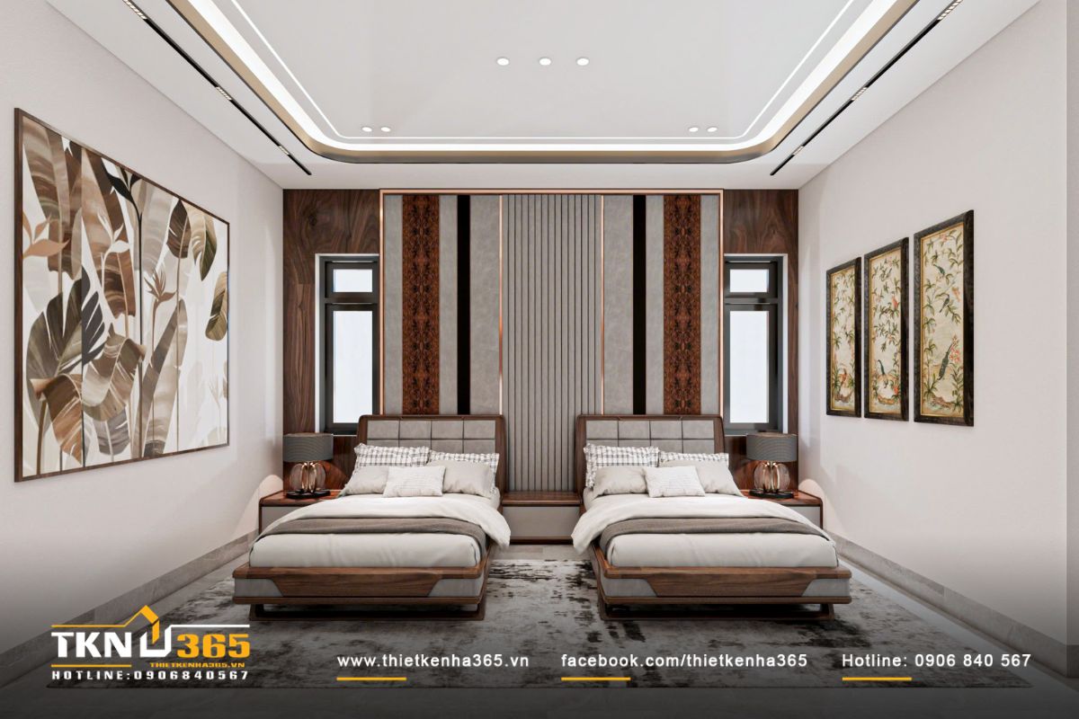 Thiết kế nội thất biệt thự vườn 1 tầng mái Thái ưu tiên sự gắn kết giữa các thế hệ 11 Phòng ngủ master sử dụng hai giường đơn bố trí song song nhằm tạo sự thuận tiện và thoải mái cho người lớn tuổi