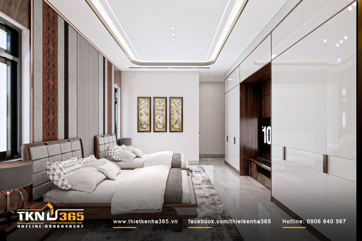 Thiết kế nội thất biệt thự vườn 1 tầng mái Thái ưu tiên sự gắn kết giữa các thế hệ 12 Mảng ốp đầu giường kết hợp gỗ vân tự nhiên và các đường sọc đứng giúp không gian thêm chiều sâu nhưng vẫn nhẹ nhàng