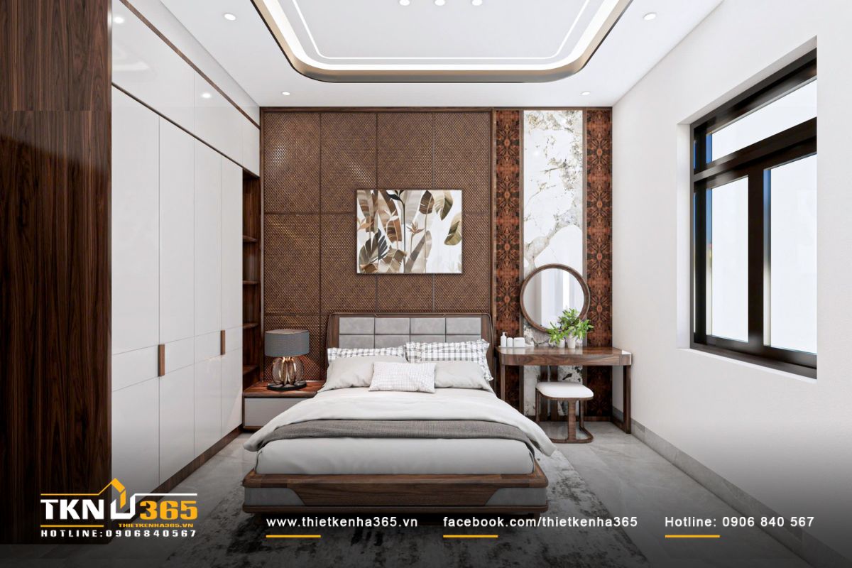 Thiết kế nội thất biệt thự vườn 1 tầng mái Thái ưu tiên sự gắn kết giữa các thế hệ 15 Phòng ngủ sử dụng bảng màu trắng kem kết hợp gỗ trầm nhằm tạo cảm giác nhẹ nhàng và dễ chịu khi nghỉ ngơi