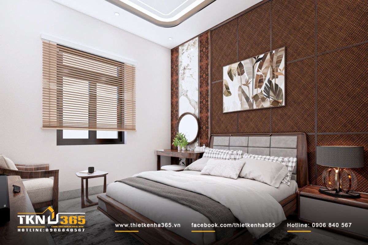 Thiết kế nội thất biệt thự vườn 1 tầng mái Thái ưu tiên sự gắn kết giữa các thế hệ 16 Bức tường đầu giường phối giả mây đan cùng đá vân sáng giúp không gian có chiều sâu nhưng không tạo cảm giác nặng nề