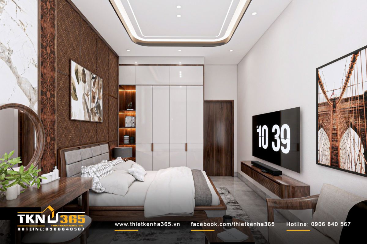 Thiết kế nội thất biệt thự vườn 1 tầng mái Thái ưu tiên sự gắn kết giữa các thế hệ 17 Hệ tủ kịch trần kết hợp kệ mở có đèn LED âm giúp tối ưu lưu trữ và giữ tổng thể luôn gọn gàng
