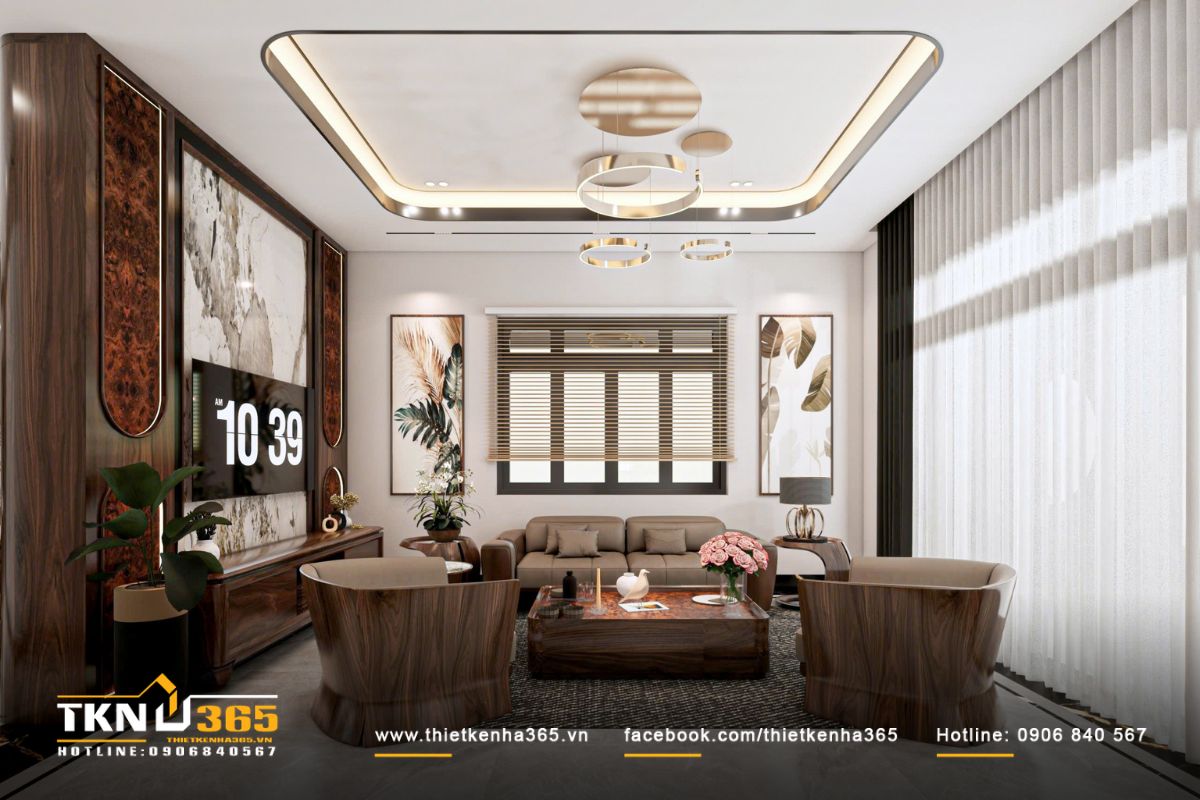 Thiết kế nội thất biệt thự vườn 1 tầng mái Thái ưu tiên sự gắn kết giữa các thế hệ 2 Hệ cửa kính lớn cùng rèm hai lớp giúp ánh sáng tự nhiên lan tỏa nhẹ nhàng khắp khu vực sinh hoạt chung