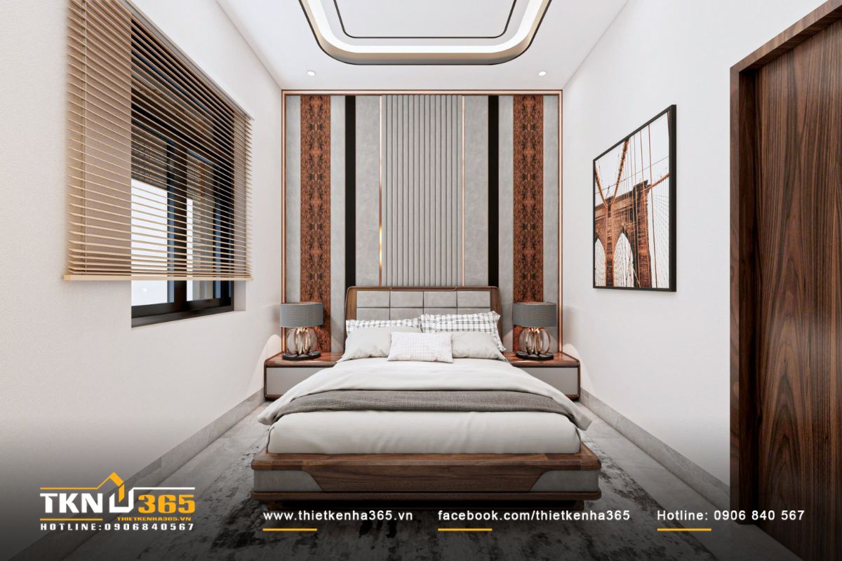 Thiết kế nội thất biệt thự vườn 1 tầng mái Thái ưu tiên sự gắn kết giữa các thế hệ 21 Phòng ngủ thứ hai sử dụng mảng ốp đầu giường dạng sọc đứng kết hợp gỗ vân tự nhiên tạo cảm giác hiện đại