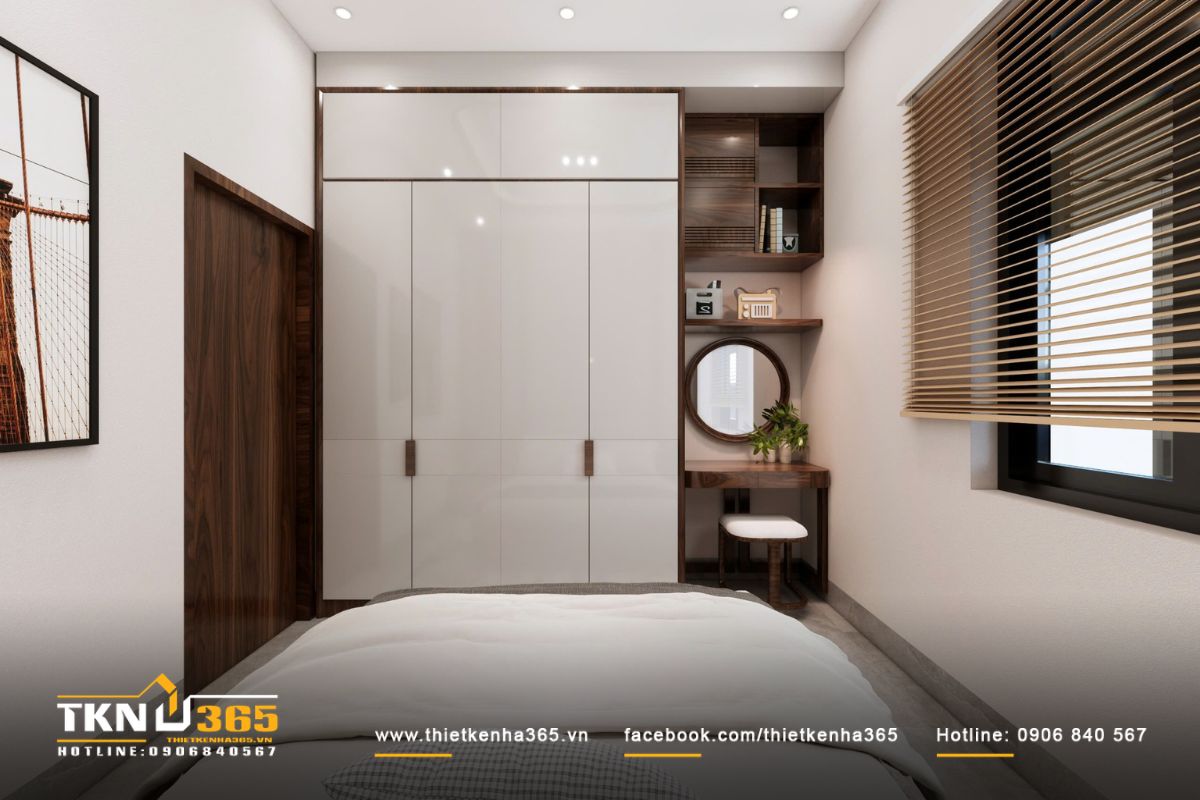 Thiết kế nội thất biệt thự vườn 1 tầng mái Thái ưu tiên sự gắn kết giữa các thế hệ 23 Tủ quần áo phối trắng bóng và gỗ nâu trầm góp phần cân bằng giữa sự hiện đại và cảm giác ấm áp trong không gian nghỉ ngơi