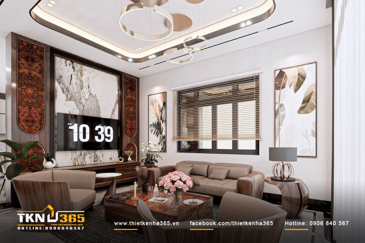 Thiết kế nội thất biệt thự vườn 1 tầng mái Thái ưu tiên sự gắn kết giữa các thế hệ 3 Mảng ốp tivi kết hợp đá sáng màu và gỗ vân tự nhiên tạo điểm nhấn tinh tế cho phòng khách