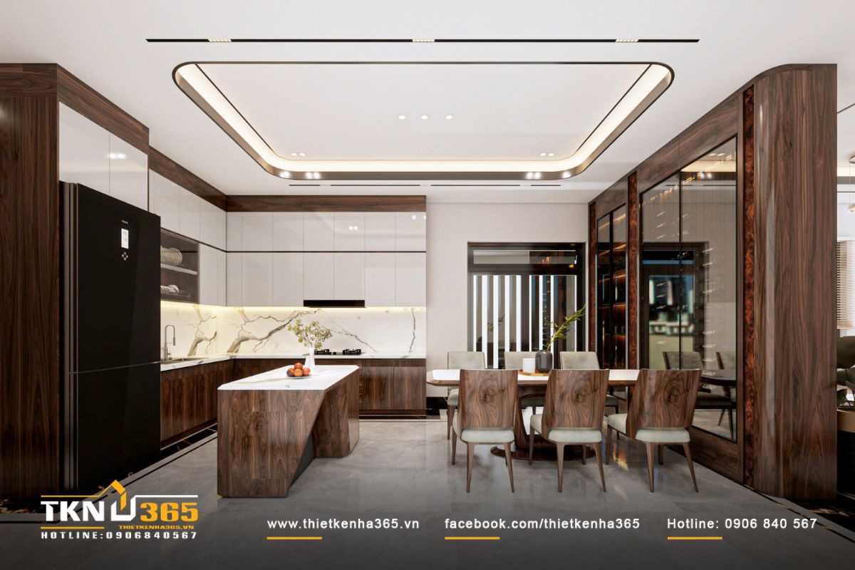 Thiết kế nội thất biệt thự vườn 1 tầng mái Thái ưu tiên sự gắn kết giữa các thế hệ 4 Khu bếp thiết kế liên thông với phòng ăn nhằm tăng sự kết nối trong những bữa cơm gia đình