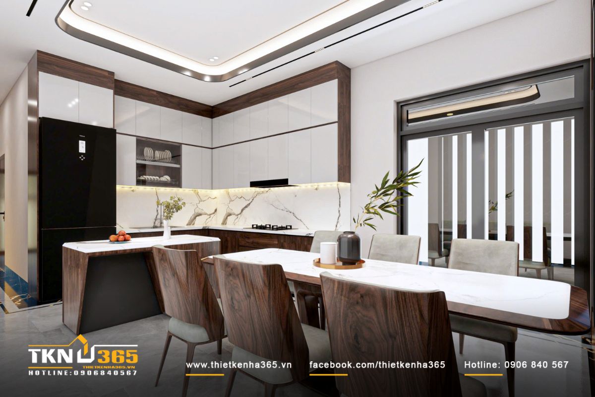 Thiết kế nội thất biệt thự vườn 1 tầng mái Thái ưu tiên sự gắn kết giữa các thế hệ 8 Nội thất bếp ưu tiên gam màu sáng kết hợp gỗ trầm để giữ cảm giác hiện đại nhưng không lạnh lẽo