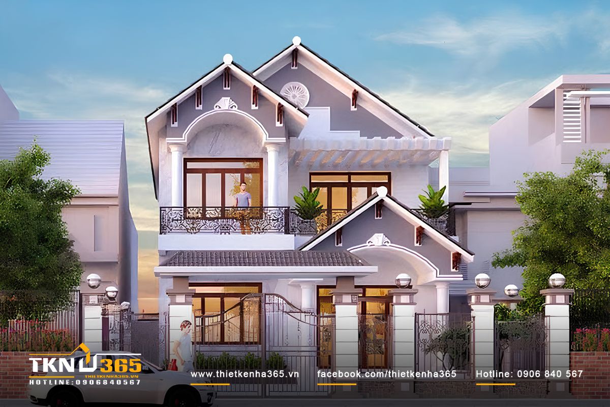 Mẫu cổng nhà mái Thái với thiết kế mái che bảo vệ cổng trước tác động của thời tiết