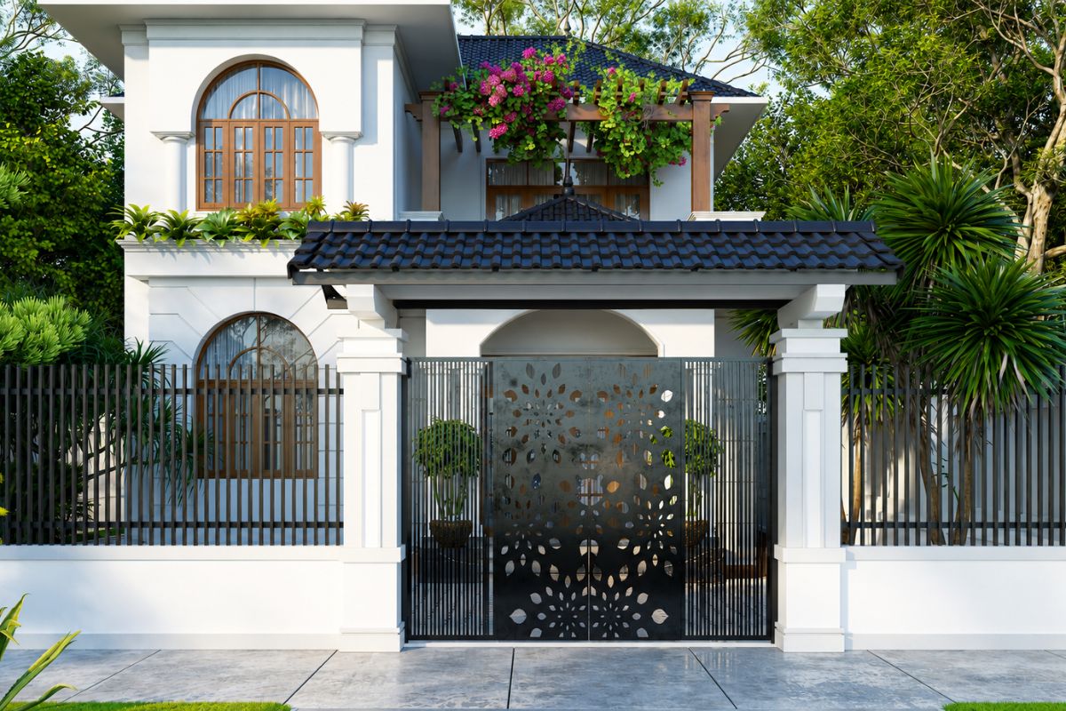 Chọn mẫu cổng nhà đẹp theo chiều ngang mặt tiền đảm bảo vẻ đẹp cân đối và hài hòa cho công trình (Ảnh: Sưu tầm)