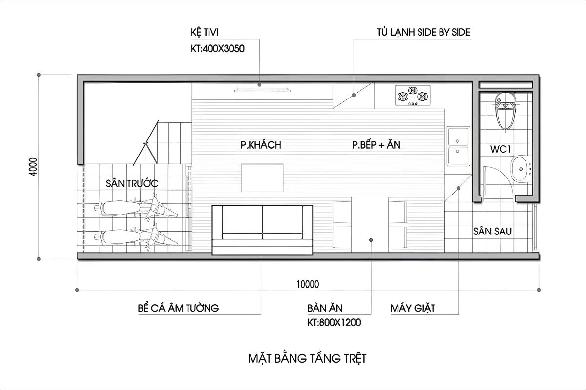 Bản vẽ nhà 1 trệt 1 lầu 4x10 với tầng trệt dành cho không gian sinh hoạt chung (Ảnh: Sưu tầm)