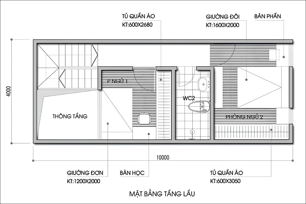 Bản vẽ mặt bằng nhà 4x10 với tầng lầu bố trí 2 phòng ngủ (Ảnh: Sưu tầm)