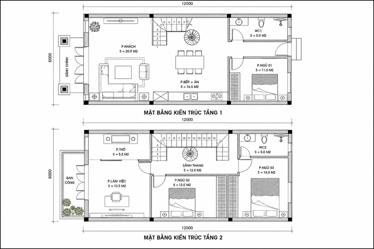 Bản vẽ mặt bằng nhà 1 trệt 1 lầu 6x12m phương án 3 phòng ngủ (Ảnh: Sưu tầm)