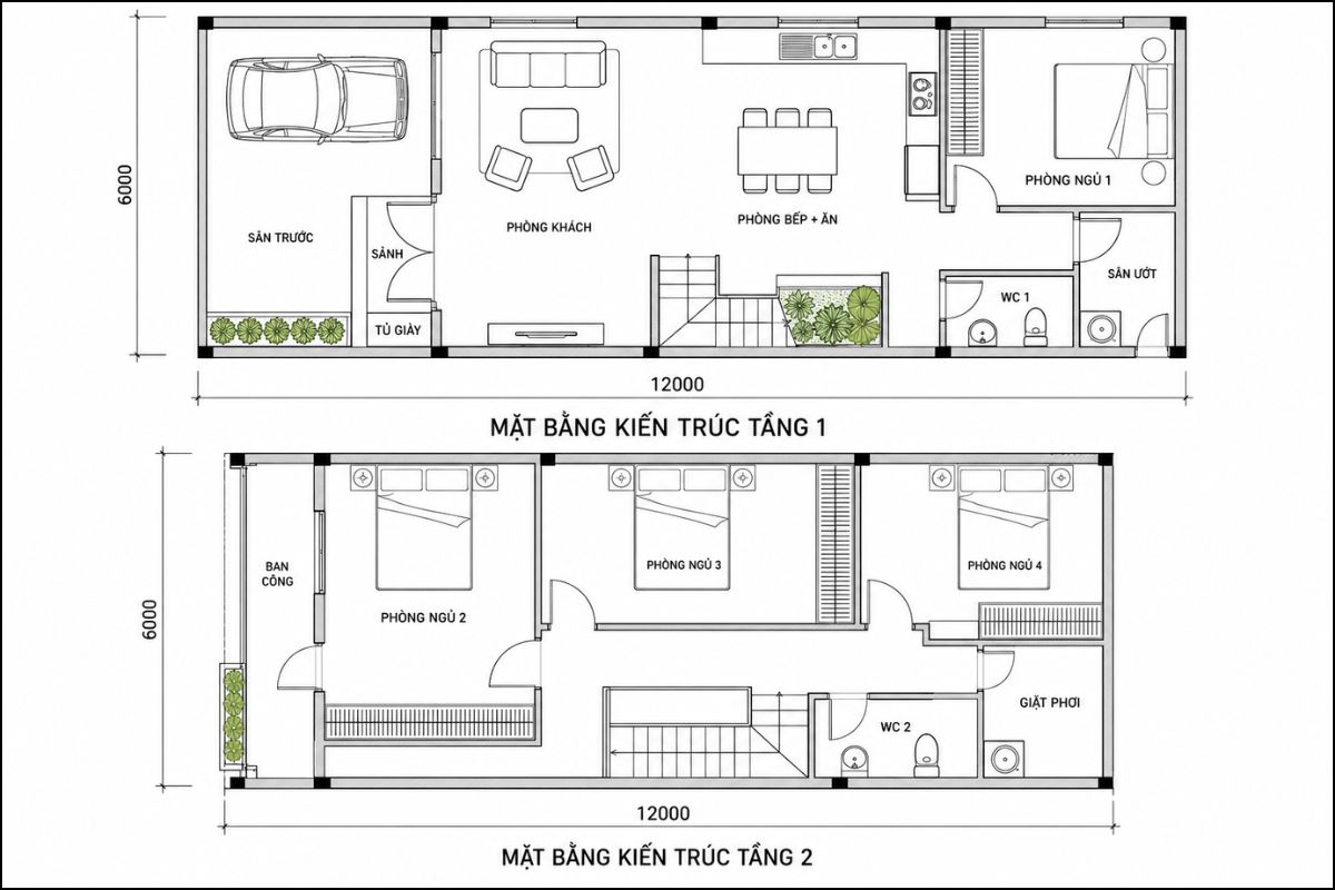 Bản vẽ nhà 1 trệt 1 lầu 6x12 phương án 4 phòng ngủ (Ảnh: Sưu tầm)