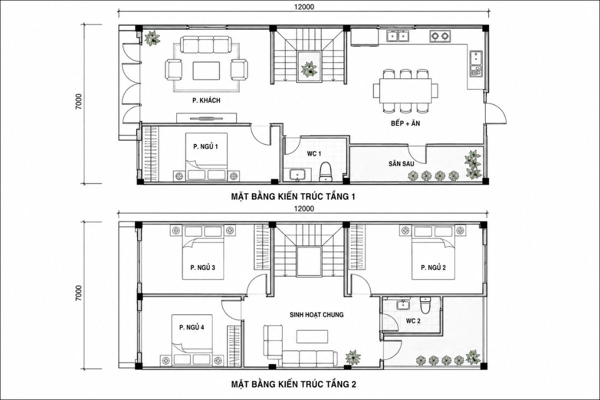 35+ Mẫu Nhà 1 Trệt 1 Lầu 7x12 Đẹp, Hiện Đại Kèm Bản Vẽ & Chi Phí 14 Bản vẽ mặt bằng mẫu nhà 1 trệt 1 lầu 7x12 đẹp với 4 phòng ngủ (Ảnh: Sưu tầm)