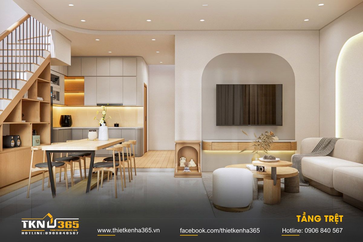 35+ Mẫu Nhà 1 Trệt 1 Lầu 7x15m Đẹp, Hiện Đại Và Tối Ưu Công Năng 14 Nhà 105m2 1 trệt 1 lầu bố trí không gian sinh hoạt chung theo hướng mở