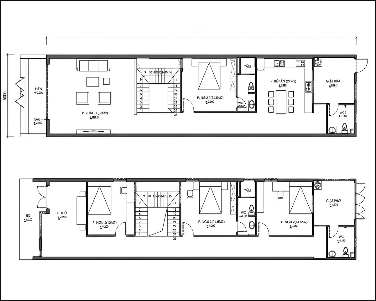 30+ Mẫu Thiết Kế Nhà 1 Trệt 1 Lầu 5x25m Đẹp, Hiện Đại Và Tối Ưu Công Năng 17 Bố trí công năng nhà 5x25 với 4 phòng ngủ tách biệt rõ ràng với không gian sinh hoạt chung (Ảnh: Sưu tầm)