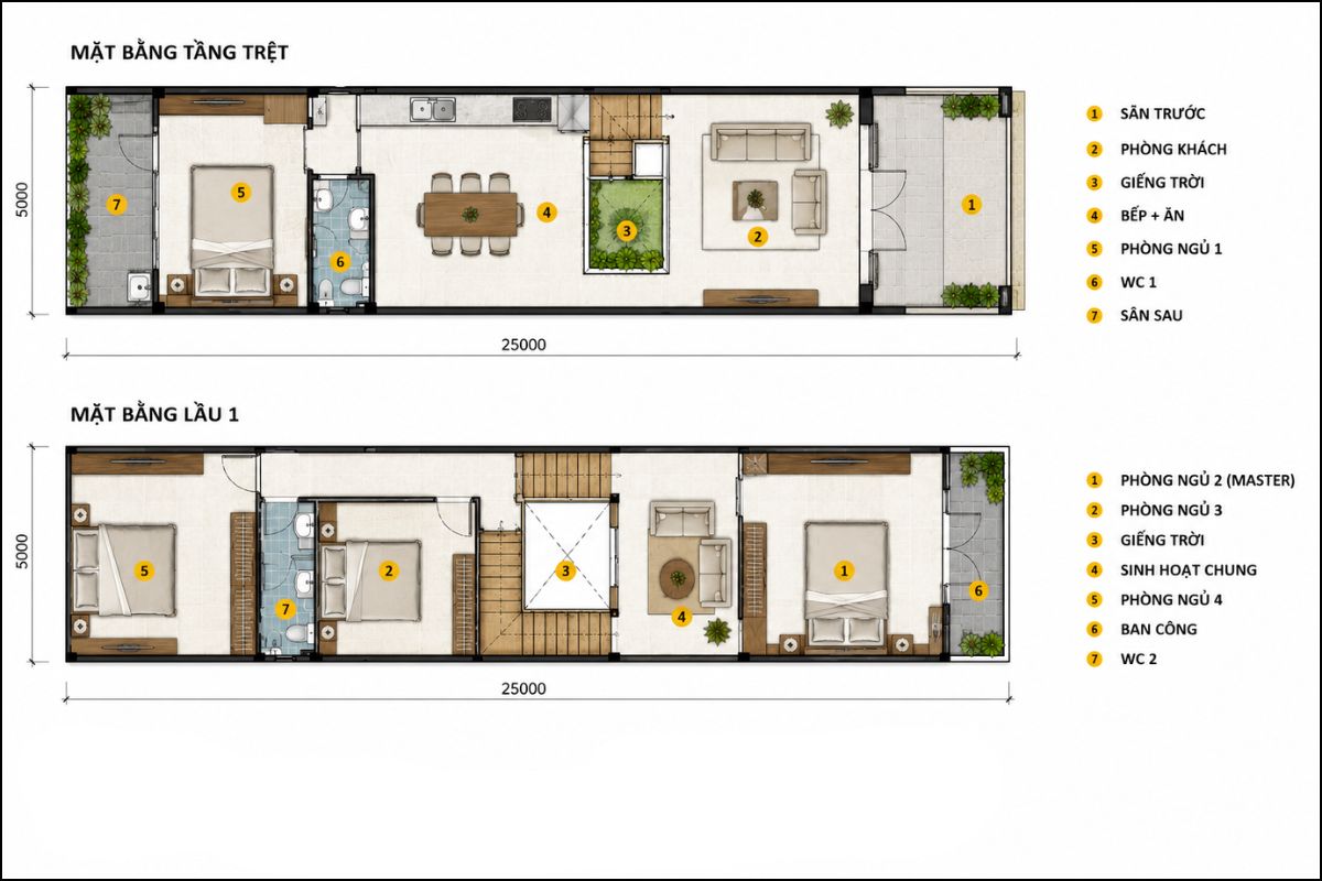 45+ Mẫu Thiết Kế Nhà 5x25 Đẹp, Hiện Đại Và Tối Ưu Công Năng Nhất 15 Nhà 5x25m ưu tiên bố trí phòng ngủ tại tầng trệt cho người lớn tuổi (Ảnh: Sưu tầm)