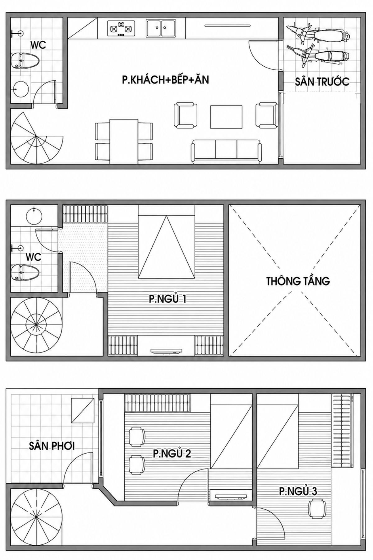 30+ Mẫu Thiết Kế Nhà 5x9m Đẹp, Hiện Đại Và Tối Ưu Diện Tích Nhỏ 12 Bố trí công năng nhà 5x9 với 3 phòng ngủ sắp xếp linh hoạt, phù hợp với gia đình đông người (Ảnh: Sưu tầm)