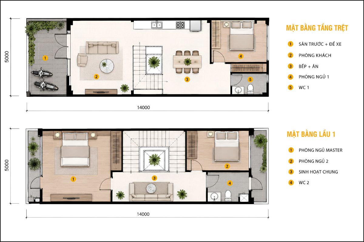 Bản vẽ mặt bằng mẫu nhà 1 trệt 1 lầu 3 phòng ngủ 5x14 phương án không có gara (Ảnh: Sưu tầm)