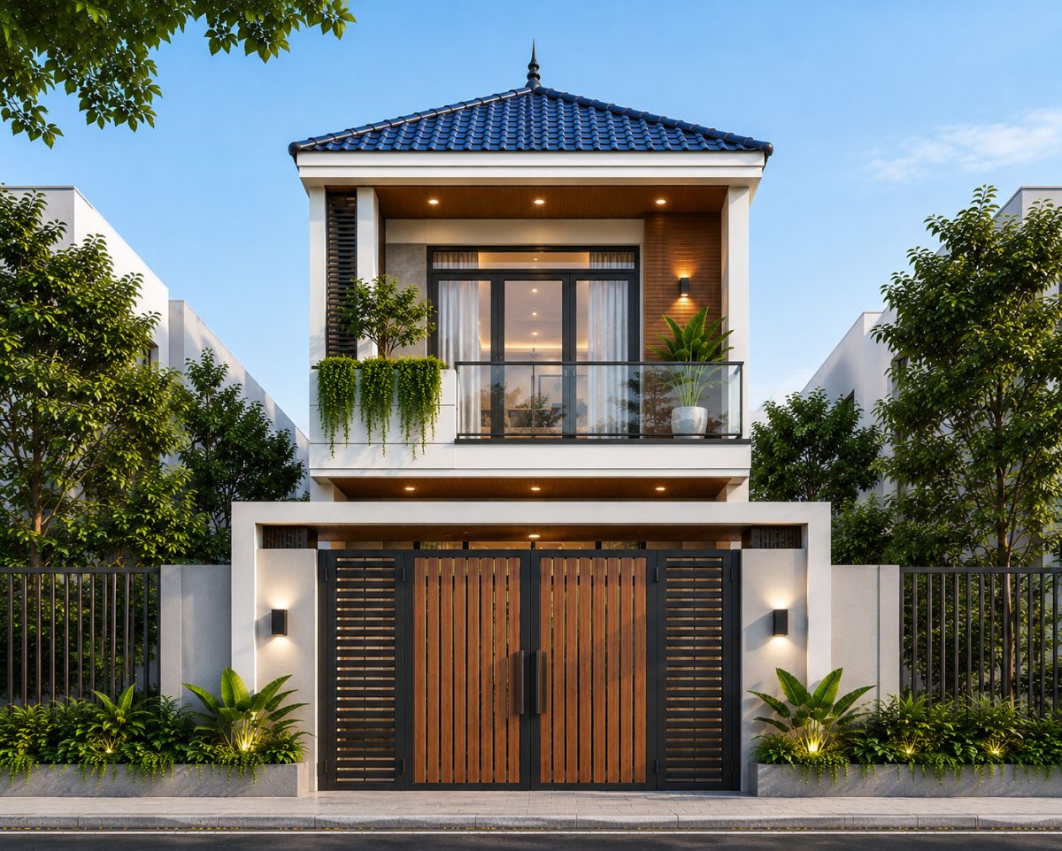 Mẫu nhà 5x14 đẹp 1 trệt 1 lầu mái Nhật tăng khả năng chống nóng và thoát nước hiệu quả (Ảnh: Sưu tầm)