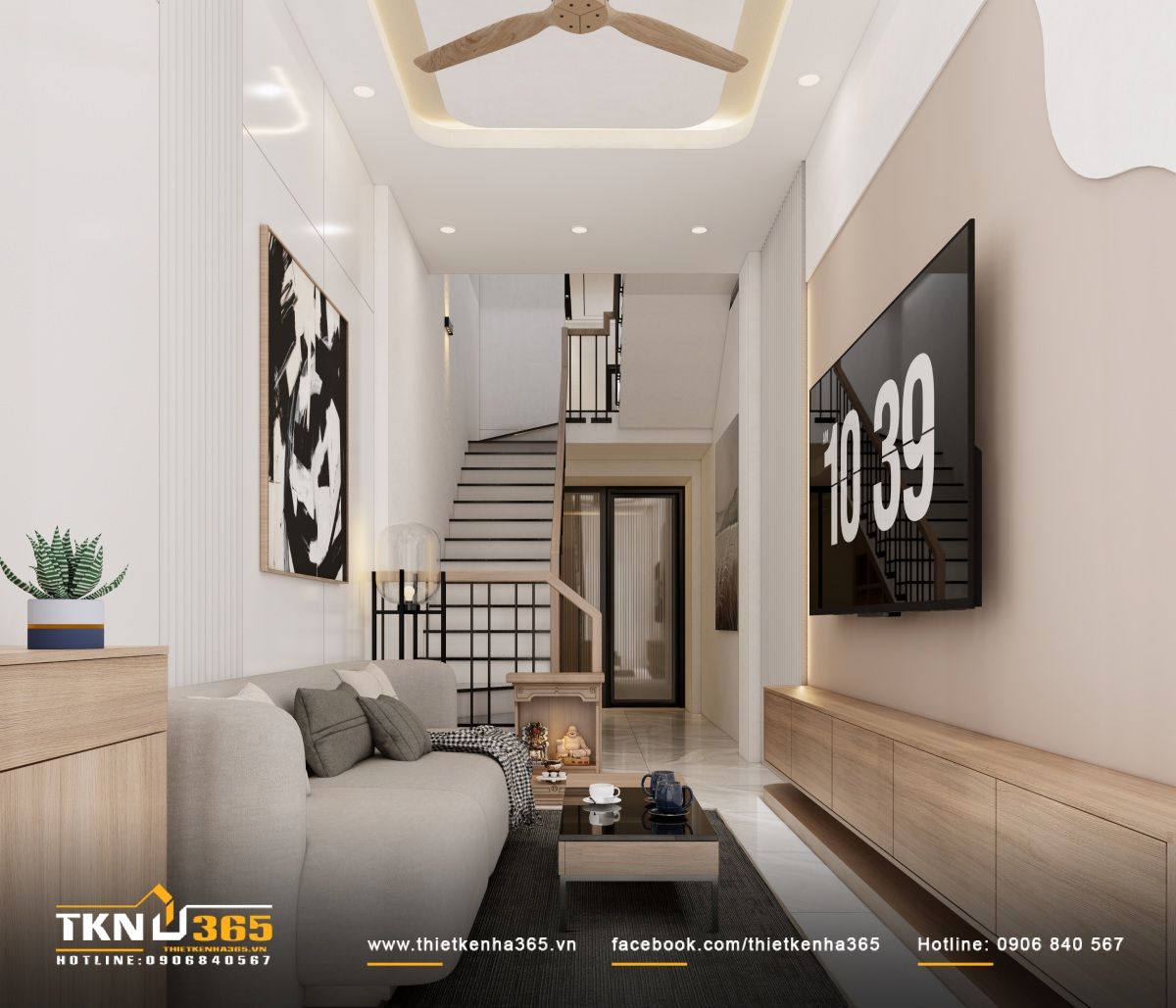Mẫu nhà 1 trệt 2 lầu 4x10 bố trí cầu thang giữa nhà, tạo sự kết nối giữa các khu vực chức năng