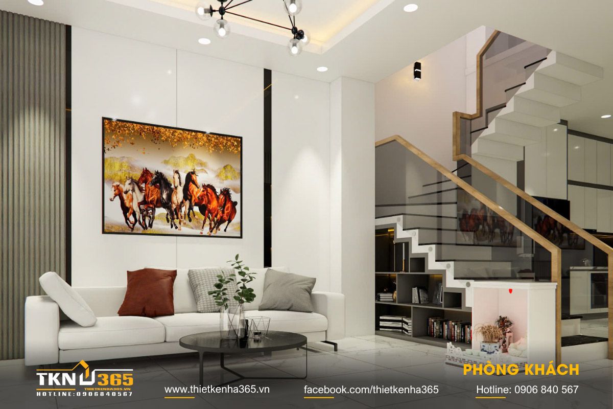 Trong mẫu nhà 1 trệt 2 lầu 4x10, bố trí cầu thang giữa nhà hoặc sát tường là phương án tối ưu